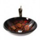 Retro Pattern Round Tempered Glass Vessel Sink with Retro Cup Tap ,Pop - Up Drain and Mounting Ring
