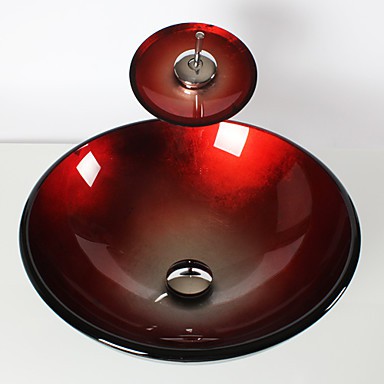 Clearance Red Round Tempered Glass Vessel Sink With