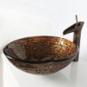Retro Pattern Round Tempered Glass Vessel Sink with Retro Cup Tap ,Pop - Up Drain and Mounting Ring