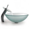 Frosted Round Tempered Glass Vessel Sink with Waterfall Tap ,Pop - Up Drain and Mounting Ring