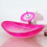 Pink Boat-shaped Tempered Glass Vessel Sink with Waterfall Tap Pop - Up Drain and Mounting Ring