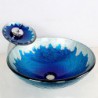 Blue Round Tempered Glass Vessel Sink with Waterfall Tap ,Pop - Up Drain and Mounting Ring