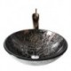 Retro Pattern Round Tempered Glass Vessel Sink with Retro Cup Tap ,Pop - Up Drain and Mounting Ring