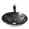 Retro Pattern Round Tempered Glass Vessel Sink with Retro Cup Tap ,Pop - Up Drain and Mounting Ring