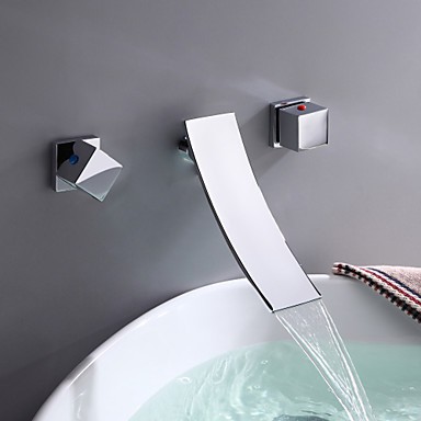 Wall Mounted Two Handles Three Holes in Chrome Bathroom Sink Tap Wall Mounted Two Handles...